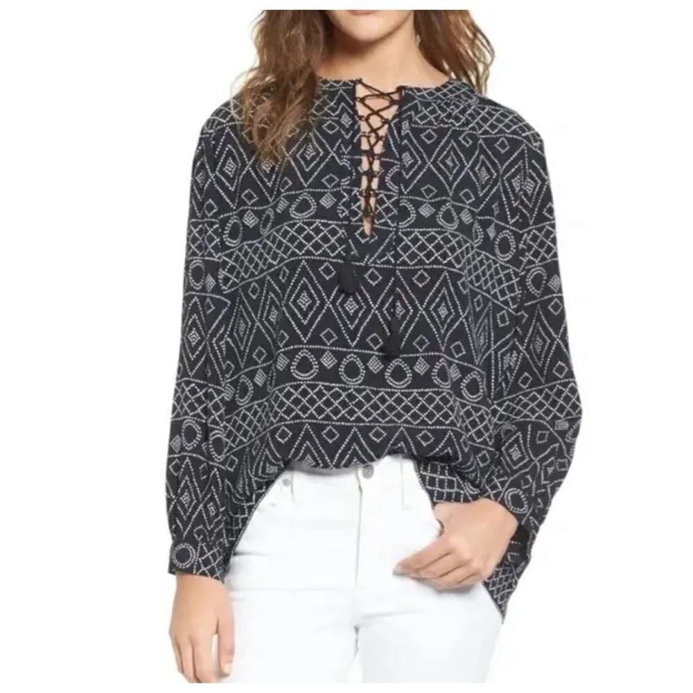 Madewell Lace Up Boho Peasant Blouse Caravan Print Long Sleeve Black White Sz M